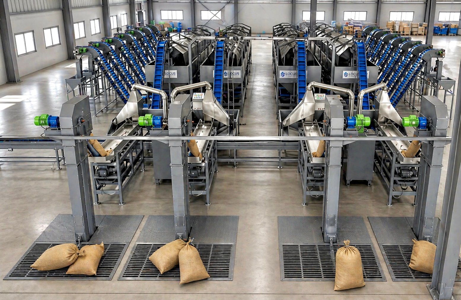 Raw cashew nut bag intake feeding bucket elevators into grading units