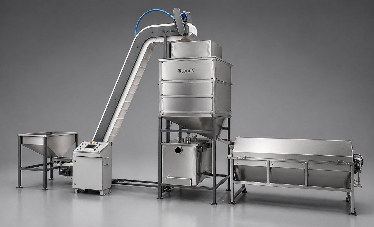 LOCUS cashew kernel peeling line showing bucket elevator, control panel and hopper
