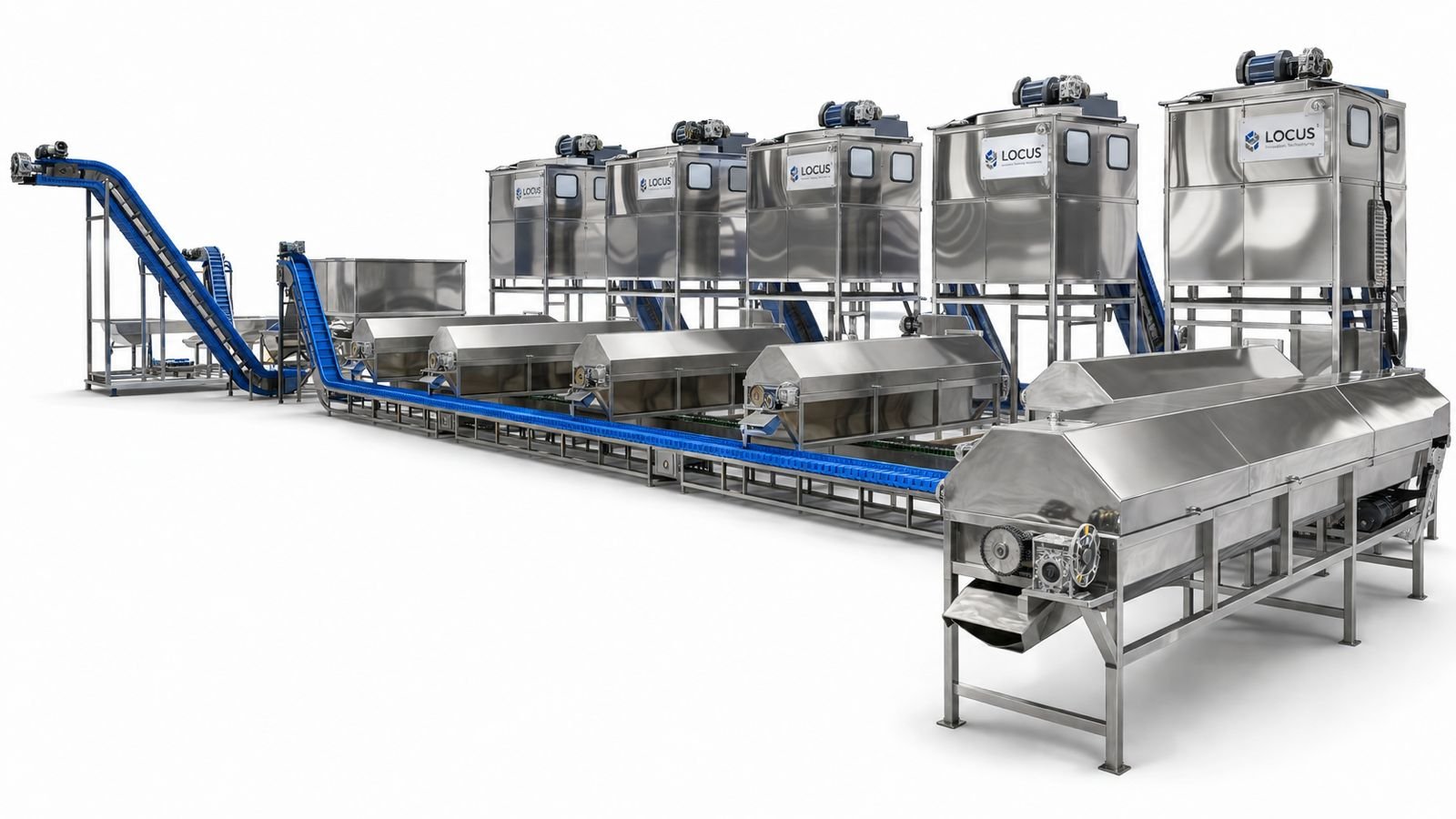 LOCUS cashew kernel peeling line with bucket elevator, control panel and hopper