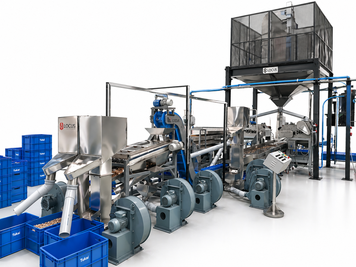 LOCUS shelling and separating line running on a factory floor with crated output