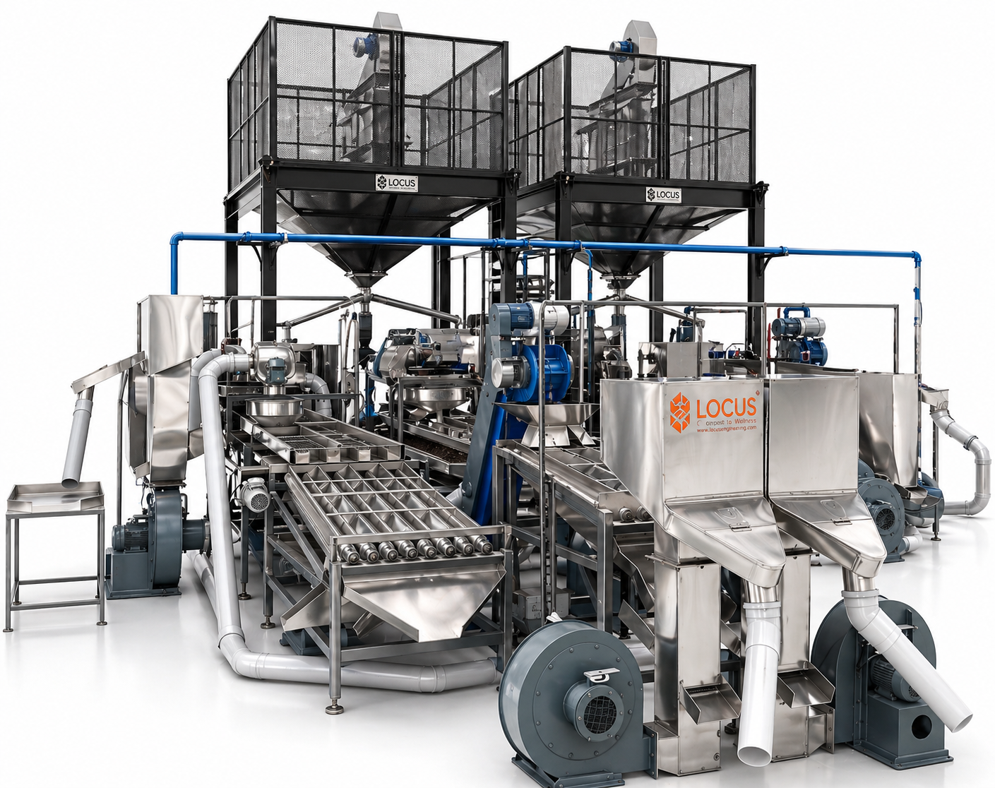 Full LOCUS cashew separating system with overhead silos and twin blower units