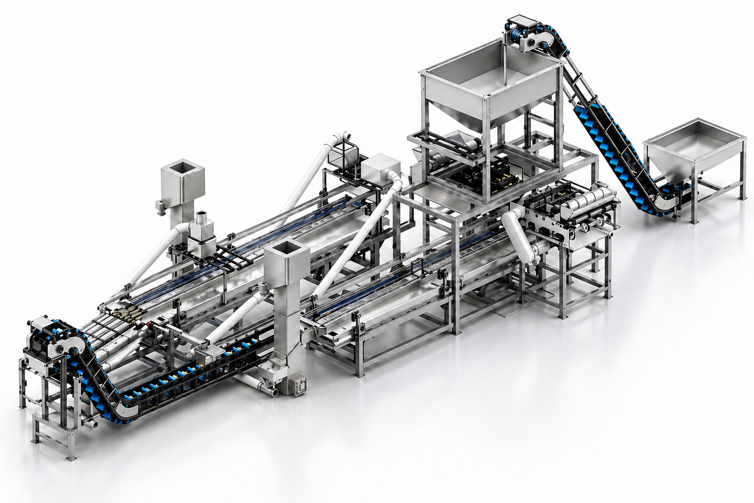 3D rendering of LOCUS cashew shelling and separating line showing feed hopper, shelling machine, vibratory separators, blowers and conveyors