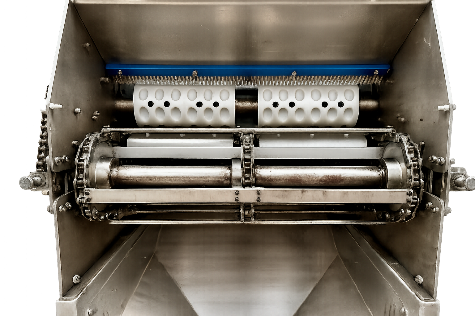 Close-up of LOCUS cashew shelling machine dual rotary cutting blade rollers