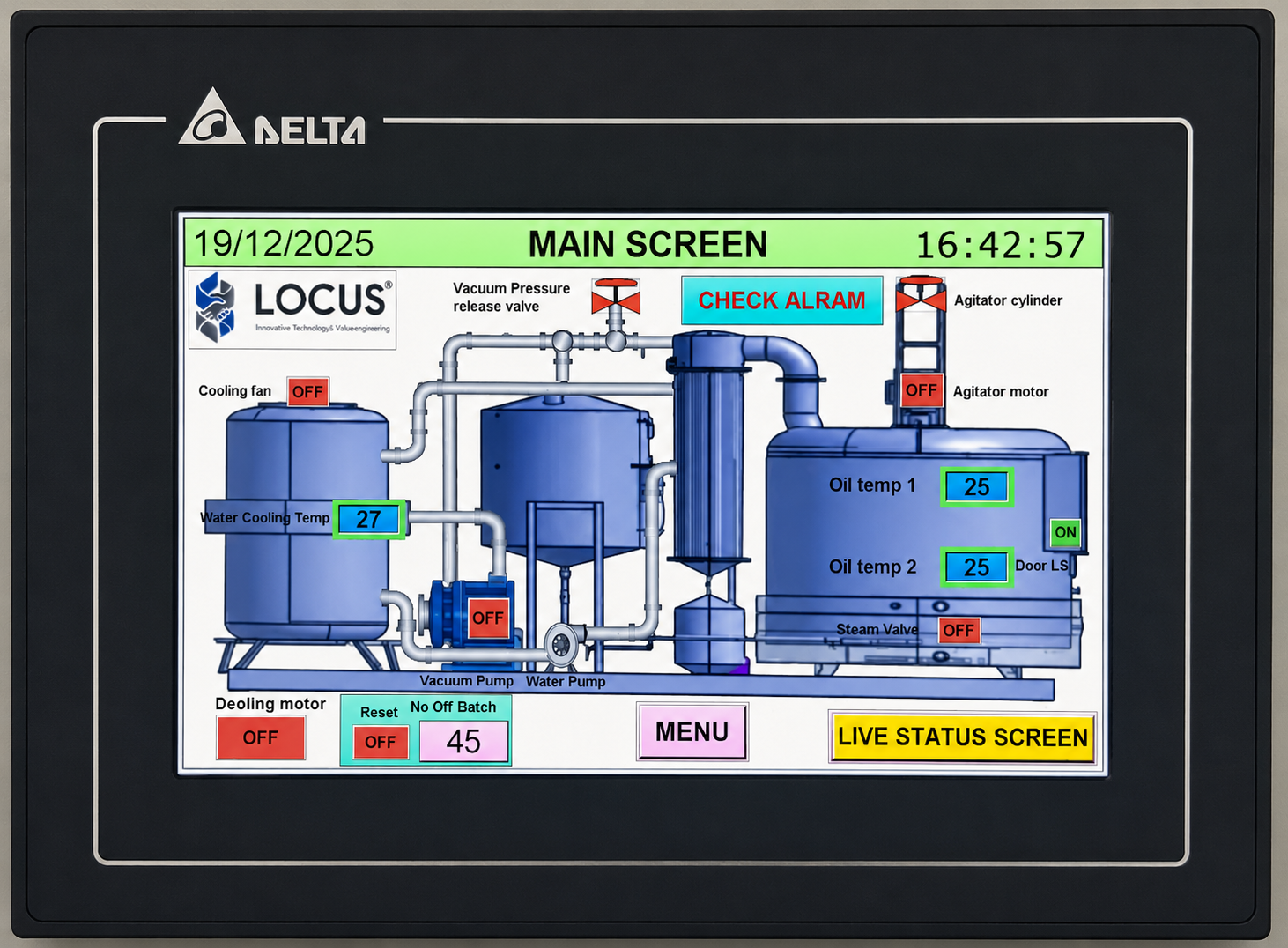 LOCUS LTVFM Delta touchscreen PLC main screen showing live oil temperature, vacuum pump and centrifuge status