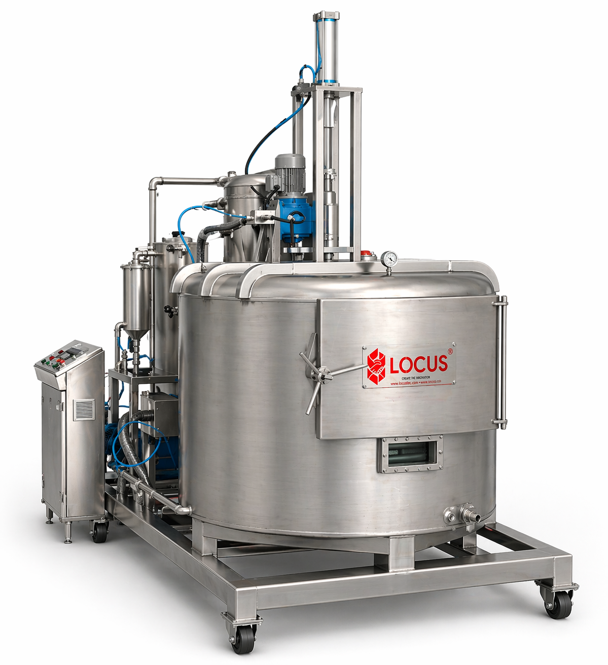 LOCUS LTVFM vacuum frying machine, single-tank skid-mounted unit with viewing window and pressure gauge